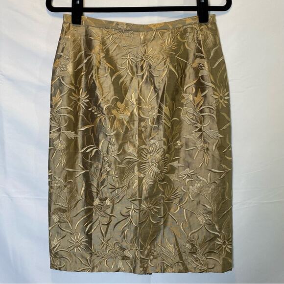 Connie Roberson Women’s Skirt Size 6 Gold Floral Embroidered 100% Silk Vintage - Picture 1 of 10